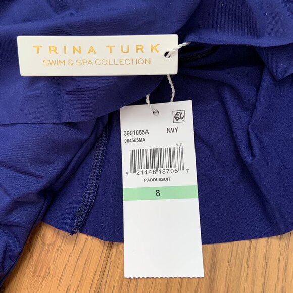 Trina Turk Paddle Suit Ruffle Monaco Navy Off Shoulder One Piece Swimsuit Size 8 - Picture 3 of 11